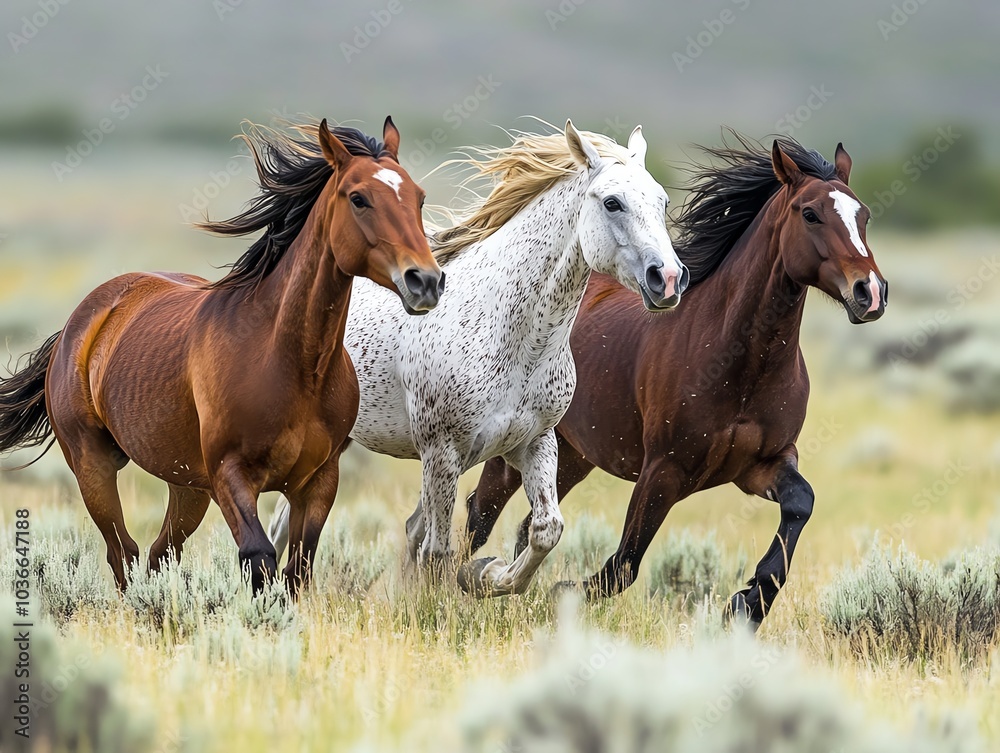 Three horses galloping through a field, showcasing freedom and nature's beauty. Three horses galloping through a field, showcasing freedom and nature's beauty.