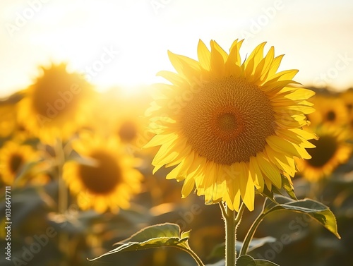 Sunflowers in full bloom under a bright sky, capturing warm sunlight and vibrant colors in a scenic field. photo