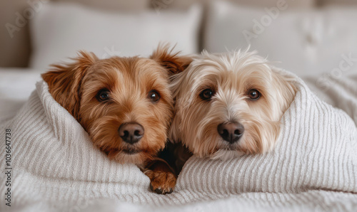 Adorable Dogs Snuggling Under a Cozy Blanket in a Warm Home Setting