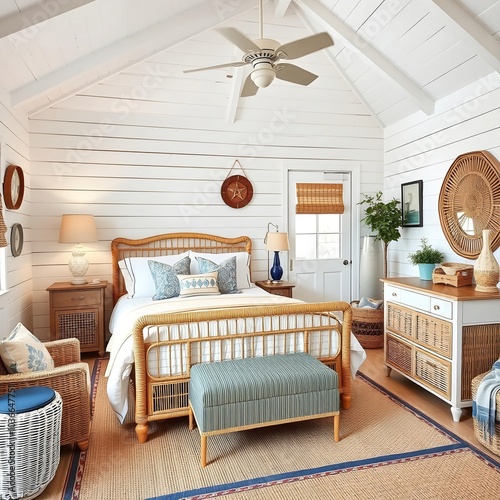 A coastal-themed bedroom with whitewashed walls, wicker furniture, nautical accents, and blue and beige textiles reminiscent of the sea