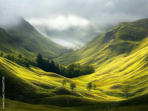 Misty green valleys and rolling hills under a cloudy sky, creating a serene and ethereal landscape. photo