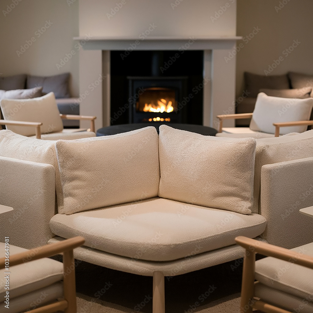 A modern living room in scandinavian style with a fireplace, a large sofa, and a wooden coffee table. The room has a neutral color scheme with warm lighting A modern living room in scandinavian style with a fireplace, a large sofa, and a wooden coffee table. The room has a neutral color scheme with warm lighting