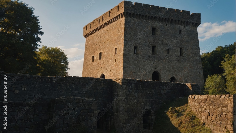 The archer tower rises majestically, touching the sky The archer tower rises majestically, touching the sky