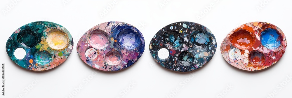 Artist's palette filled with vibrant paint dabs, showcasing a variety of colors, isolated on a clean white background. Artist's palette filled with vibrant paint dabs, showcasing a variety of colors, isolated on a clean white background.