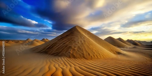 Desert landscape, golden sand dunes, dramatic sky, vibrant sunset colors, sweeping clouds, panoramic view, rolling hills, arid environment, desolate beauty, warm tones