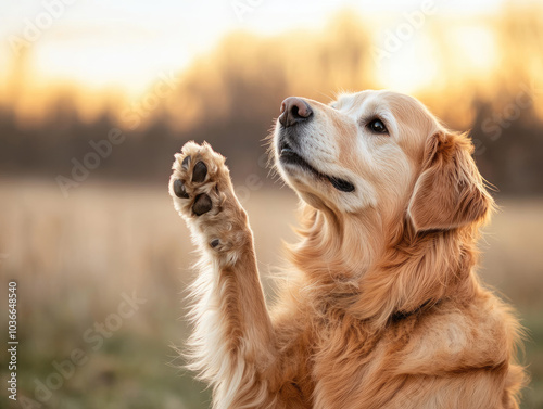 Friendly Golden Retriever Offering a Paw, Showcasing Its Sociable Nature