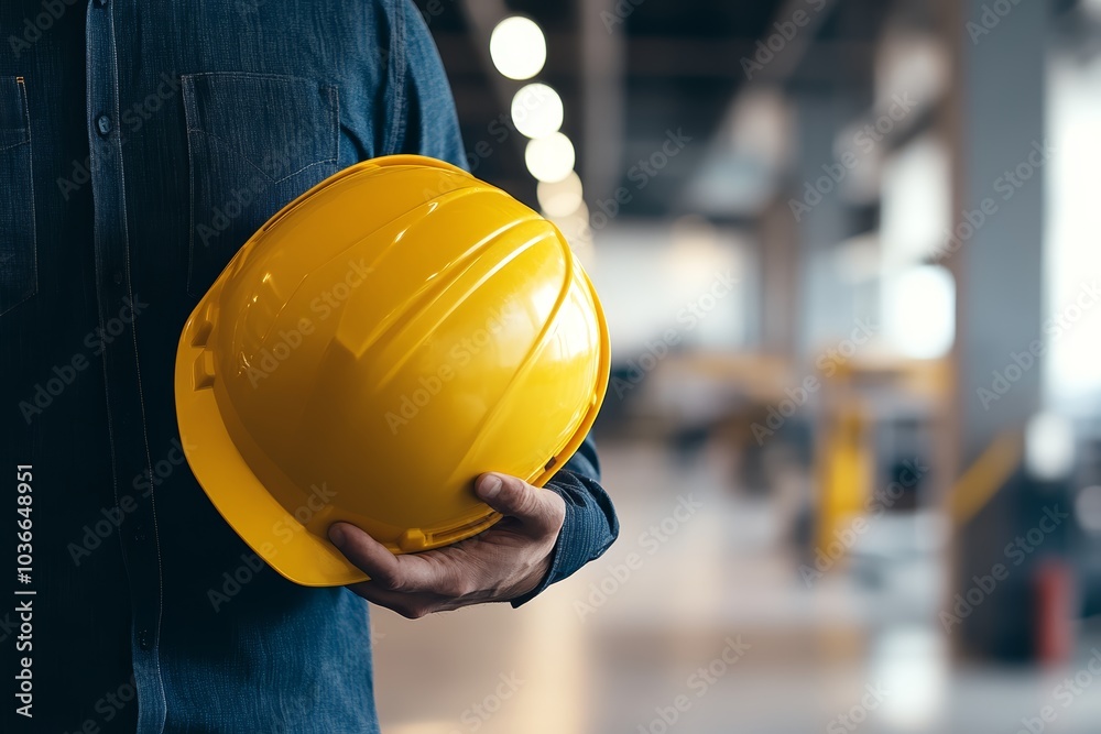 Male worker holding a yellow hard hat in an industrial setting with soft lighting. Male worker holding a yellow hard hat in an industrial setting with soft lighting.
