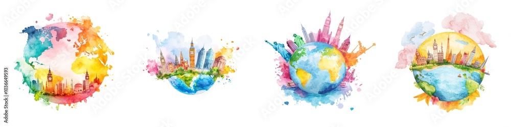 Naklejka premium Vibrant watercolor clipart featuring intricate details, ideal for creative projects and artistic designs, showcasing a rich color palette.