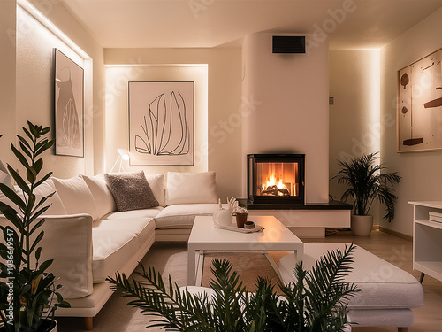 A modern living room in scandinavian style with a fireplace, a large sofa, and a wooden coffee table. The room has a neutral color scheme with warm lighting