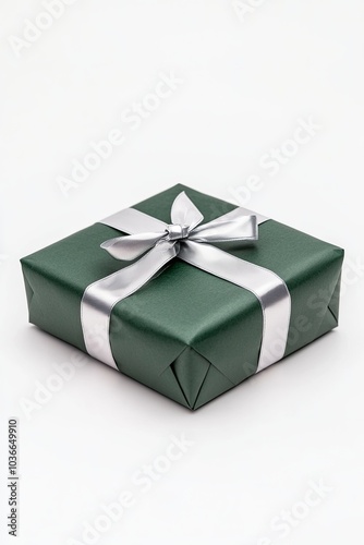 Elegantly wrapped green gift box with silver ribbon