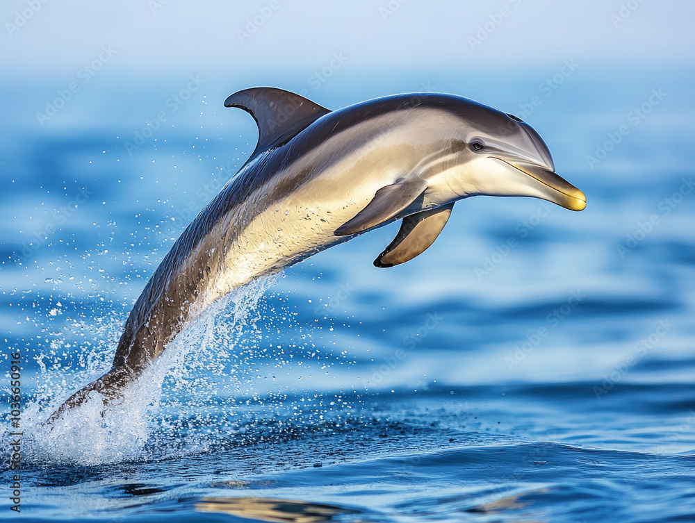 Fototapeta premium Dolphin Gracefully Leaping from the Water, Framed to the Right