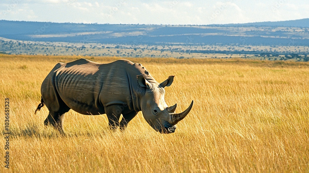 Fototapeta premium Close-up of a rhinoceros grazing in the open grasslands, highlighting its rugged features and massive size