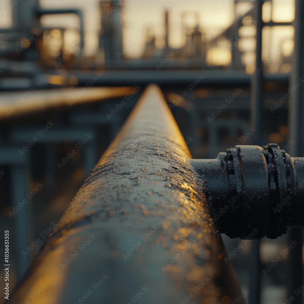 Close-up of industrial pipes with a warm glow and moisture at an industrial site. Close-up of industrial pipes with a warm glow and moisture at an industrial site.