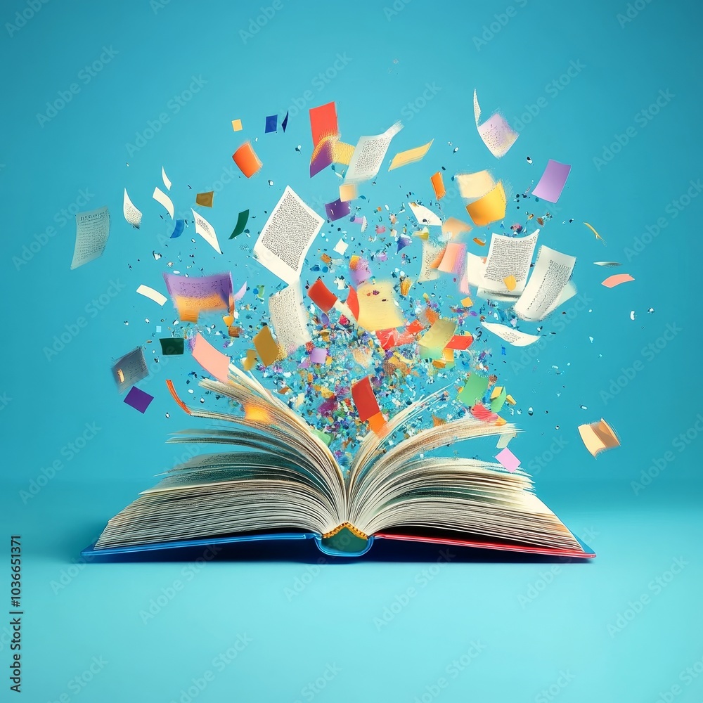 Open Book With Colorful Flying Pages, Confetti, and Geometry Figures on Blue Background Open Book With Colorful Flying Pages, Confetti, and Geometry Figures on Blue Background