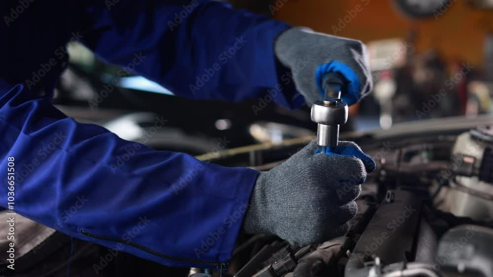Slowmotion. Close up mechanical hand with tools and spanner. Hispanic latin male mechanic repairs car in garage. Car maintenance and auto service garage concept