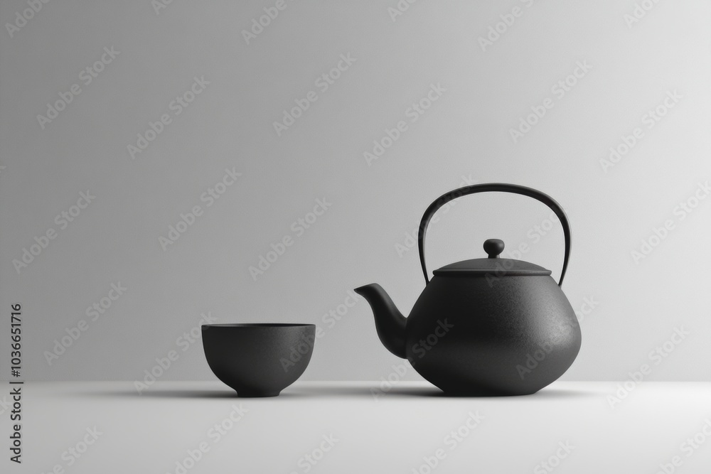 A black tea kettle sits next to a matching cup, creating a calm and inviting atmosphere perfect for enjoying a warm beverage. Generative AI A black tea kettle sits next to a matching cup, creating a calm and inviting atmosphere perfect for enjoying a warm beverage. Generative AI