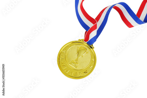 Gold medal with champion cup,and word WINNER isolated on white background. 