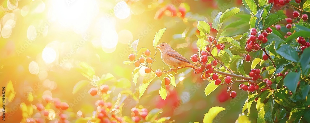 Fototapeta premium Small bird eating seeds from a hanging feeder, natural environment, bright and airy composition.