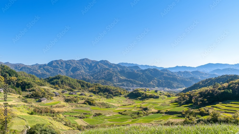 Fototapeta premium Serene Beauty of Ancient Japanese Valley: Traditional Farmhouses Nestled Among Majestic Mountains and Clear Blue Sky
