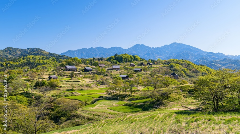 Fototapeta premium Serene Beauty of Ancient Japan: Scenic Valley with Traditional Farmhouses, Mountains, and Blue Sky