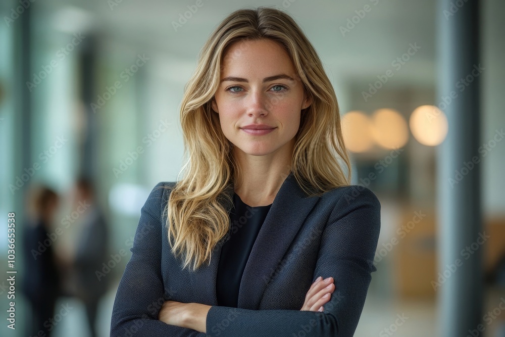 Portrait of a business woman standing in an office with crossed arms. Female professional wearing a suit, Generative AI Portrait of a business woman standing in an office with crossed arms. Female professional wearing a suit, Generative AI