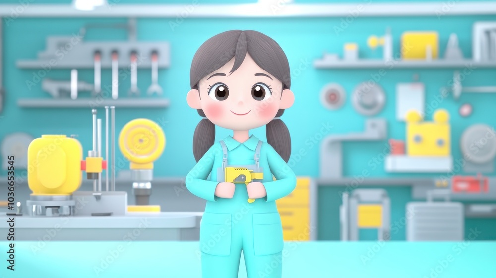 A cheerful cartoon character in a workshop setting, ready to explore technology. A cheerful cartoon character in a workshop setting, ready to explore technology.
