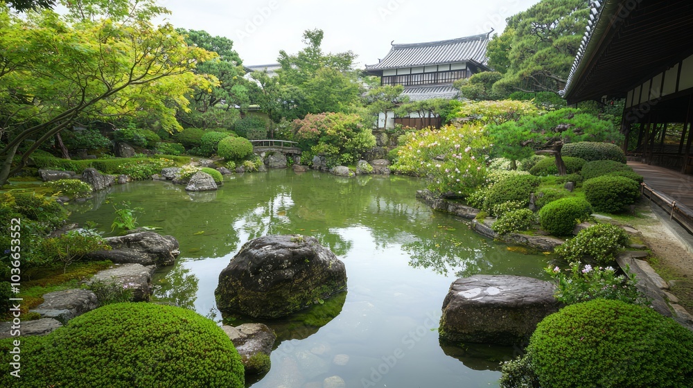 Serene Japanese Zen Garden with Stone Pathways and Koi Pond Surrounded by Fragrant Flowers in Ancient Medieval Landscape Serene Japanese Zen Garden with Stone Pathways and Koi Pond Surrounded by Fragrant Flowers in Ancient Medieval Landscape