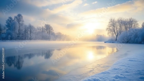 Serene Frozen Lake at Sunrise with Snow-Covered Trees