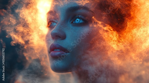 A Person Gazing Upwards Through a Whirlwind of Vivid Smoke - Perfect for Creative Designs, Fantasy Art, and Abstract Backgrounds