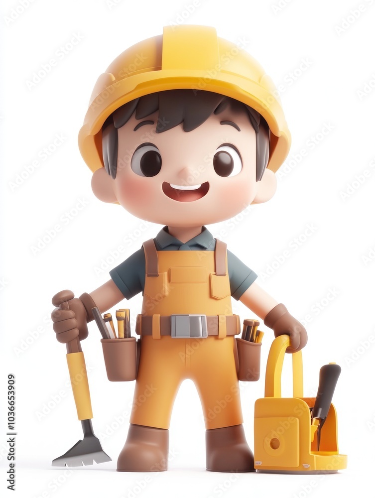 A cheerful cartoon character dressed as a construction worker holding tools. A cheerful cartoon character dressed as a construction worker holding tools.