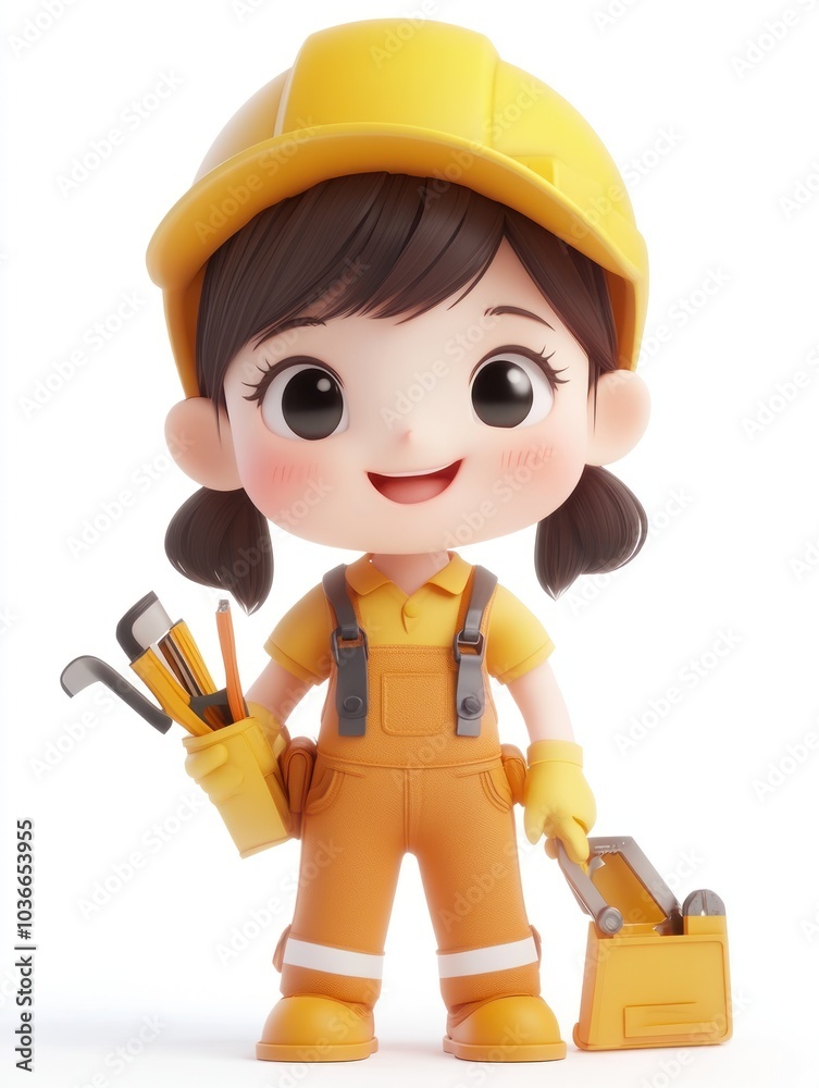 A cheerful cartoon character in a yellow outfit holding tools, symbolizing construction and repair. A cheerful cartoon character in a yellow outfit holding tools, symbolizing construction and repair.