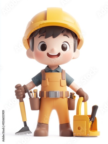 A cheerful cartoon character dressed as a construction worker holding tools.