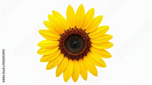 Single Vibrant Sunflower With Bright Yellow Petals and a Detailed Dark Brown Center Against a Clean White Isolated Background.