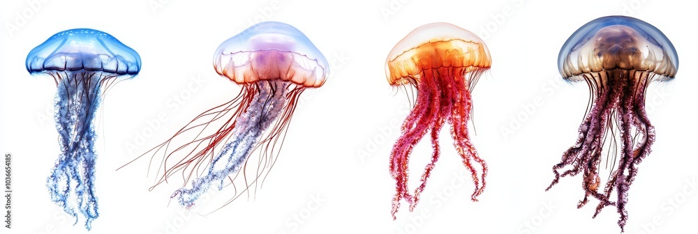 Fototapeta premium Elegant jellyfish with long, flowing tentacles, gracefully suspended in a pure white background, showcasing intricate details and vibrant colors.