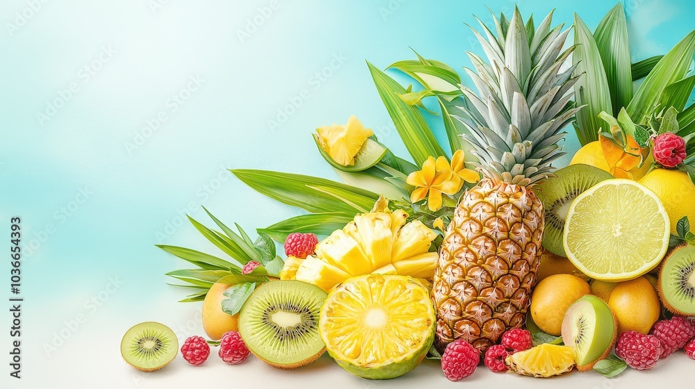 A delightful close-up image featuring a cone and a juicy pineapple, nestled among fresh tropical fruits and lush foliage, evoking a sense of freshness and tropical bliss. A delightful close-up image featuring a cone and a juicy pineapple, nestled among fresh tropical fruits and lush foliage, evoking a sense of freshness and tropical bliss.