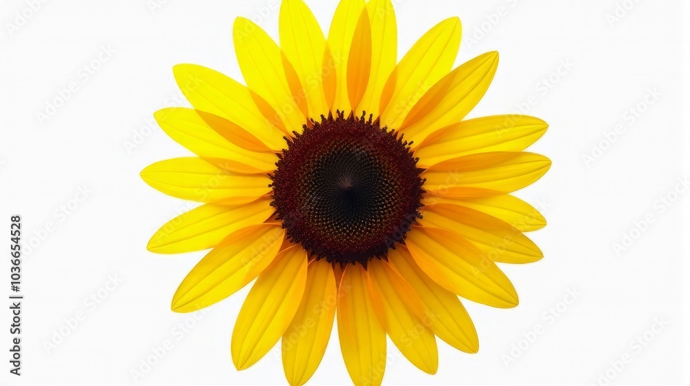Single Vibrant Sunflower With Bright Yellow Petals and a Detailed Dark Brown Center Against a Clean White Isolated Background. Single Vibrant Sunflower With Bright Yellow Petals and a Detailed Dark Brown Center Against a Clean White Isolated Background.