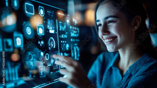 Young woman enjoying augmented reality interactions with her smartphone in a vibrant urban setting at night