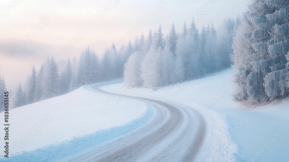 Winter mountain trek, icy path meandering through a quiet, snow-laden forest.