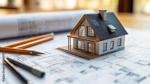 Pencils and a roll of paper are next to a model of a tiny house that is set on top of a plan. photo