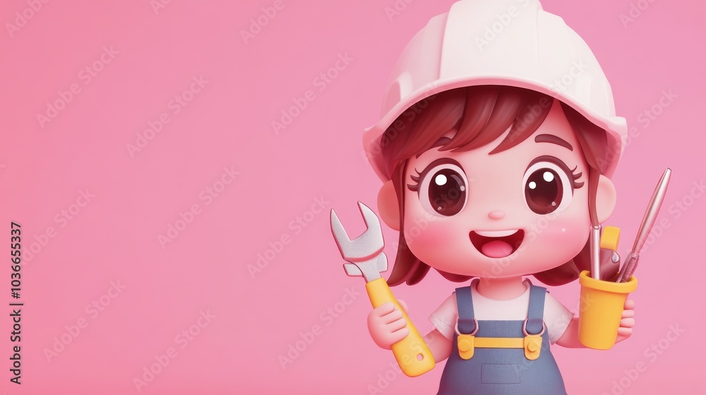 A cheerful cartoon character in a hard hat holding a wrench and a toolbox. A cheerful cartoon character in a hard hat holding a wrench and a toolbox.