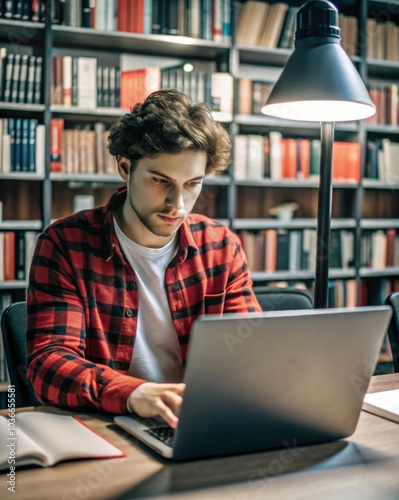 A student studying with a laptop, library with bookshelves, focused.