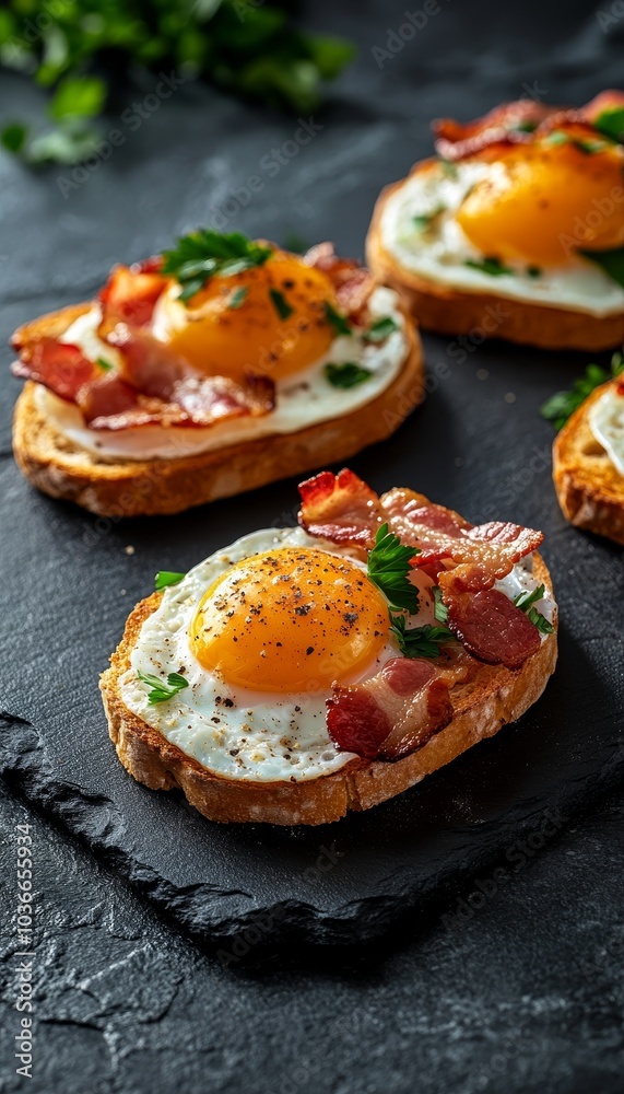 Open Sourdough Toast with Fried Eggs, Crispy Bacon, and Fresh Herbs on a Dark Background. Open Sourdough Toast with Fried Eggs, Crispy Bacon, and Fresh Herbs on a Dark Background.