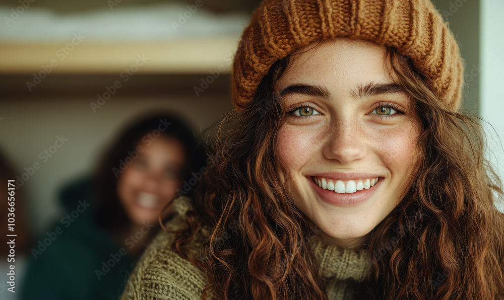 Joyful Woman with Cozy Autumn Style and Warm Smile Joyful Woman with Cozy Autumn Style and Warm Smile