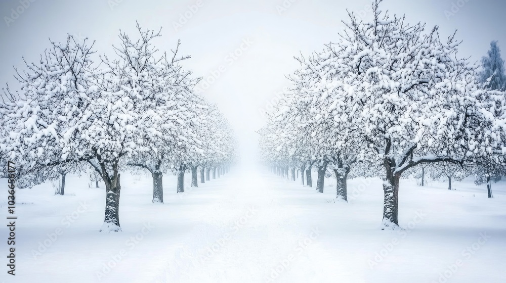 Fototapeta premium Winter Wonderland in Snow-Covered Orchard Rows