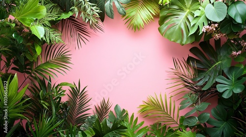 A simple frame that is ideal for showcasing artwork or photographs, set against a vivid pink backdrop with lush vegetation