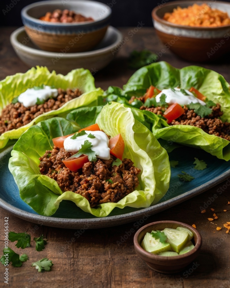 A plate of Lettuce Tacos with Ground Beef A plate of Lettuce Tacos with Ground Beef
