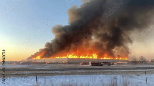 Burning industrial building, firefighters working to contain the blaze, thick black smoke filling the sky