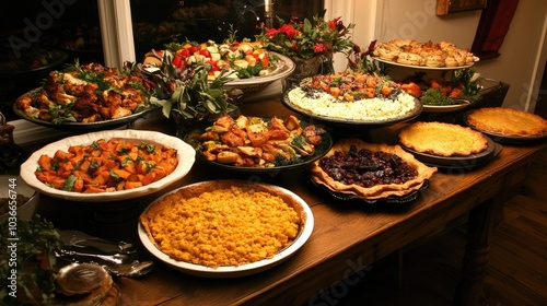 Abundant Thanksgiving Buffet with Variety of Dishes