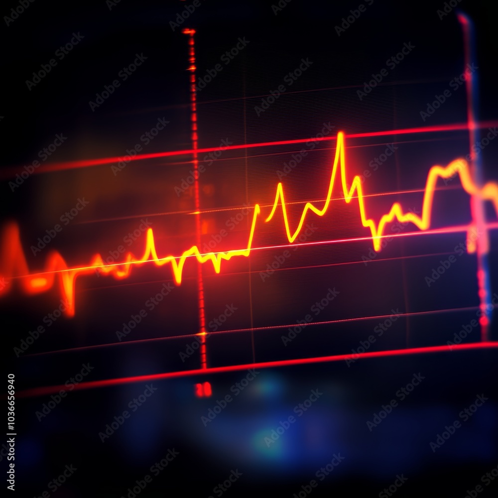 Close-up of a vibrant ECG waveform in bright hues of orange and red. Close-up of a vibrant ECG waveform in bright hues of orange and red.
