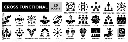 Cross functional icon collection set. Containing teamwork,collaboration,skill,project,management icon. Simple black fill vector illustration.